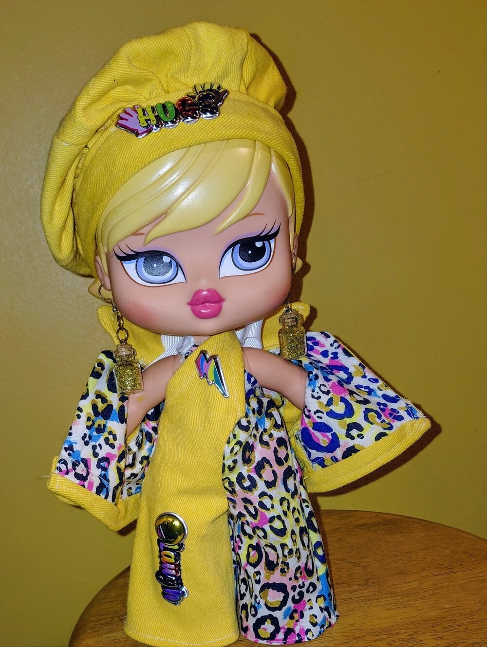 HANDMADE YELLOW DENIM & LEOPARD OUTFIT FIT BRATZ BIG BABYZ DOLL 12"